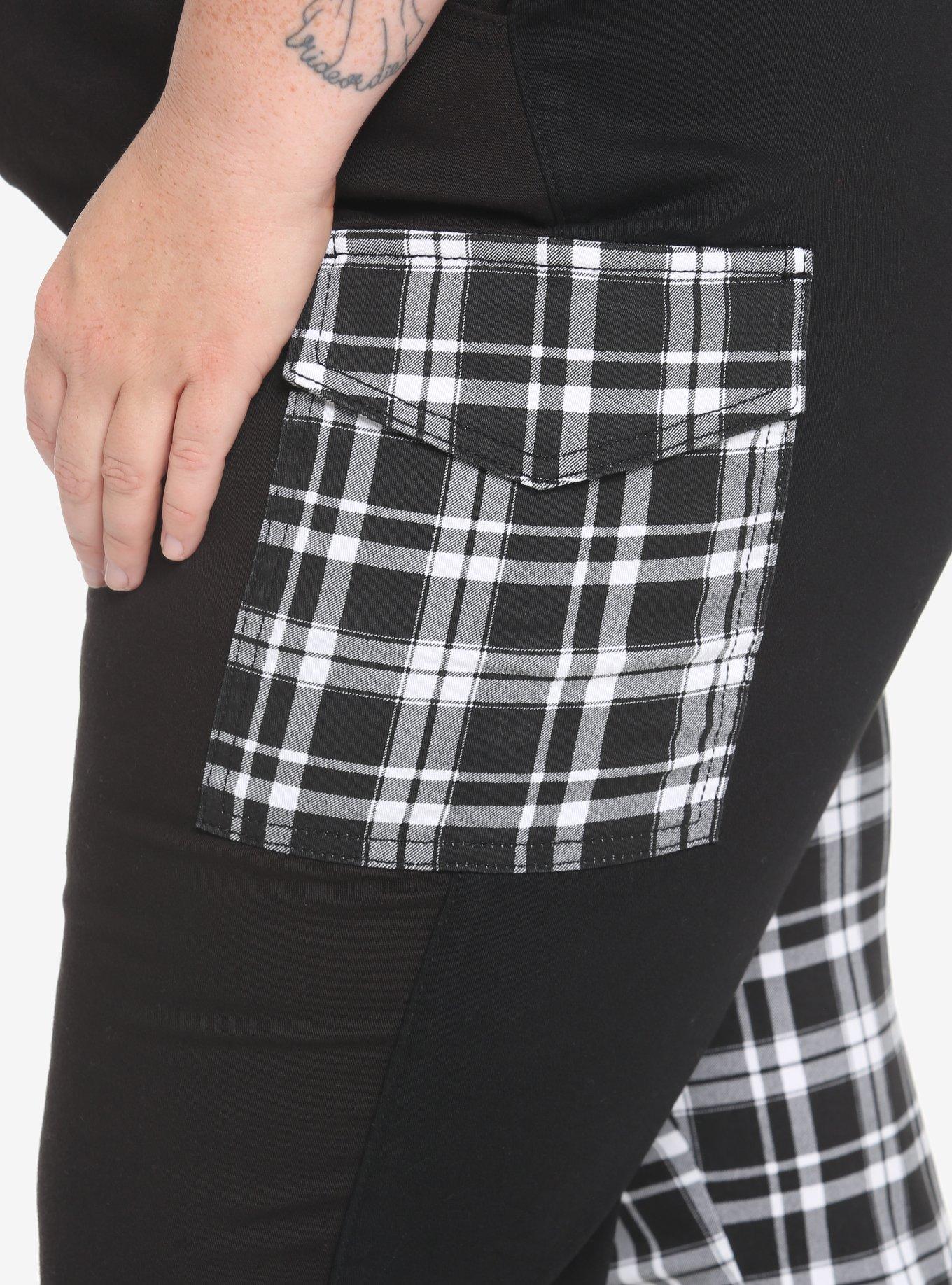 Black & White Plaid Split Cargo Jogger Pants Plus Size, BLACK, alternate