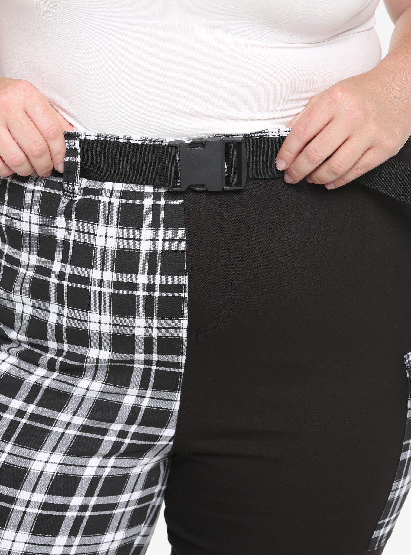 Black & White Plaid Split Cargo Jogger Pants Plus Size, BLACK, alternate