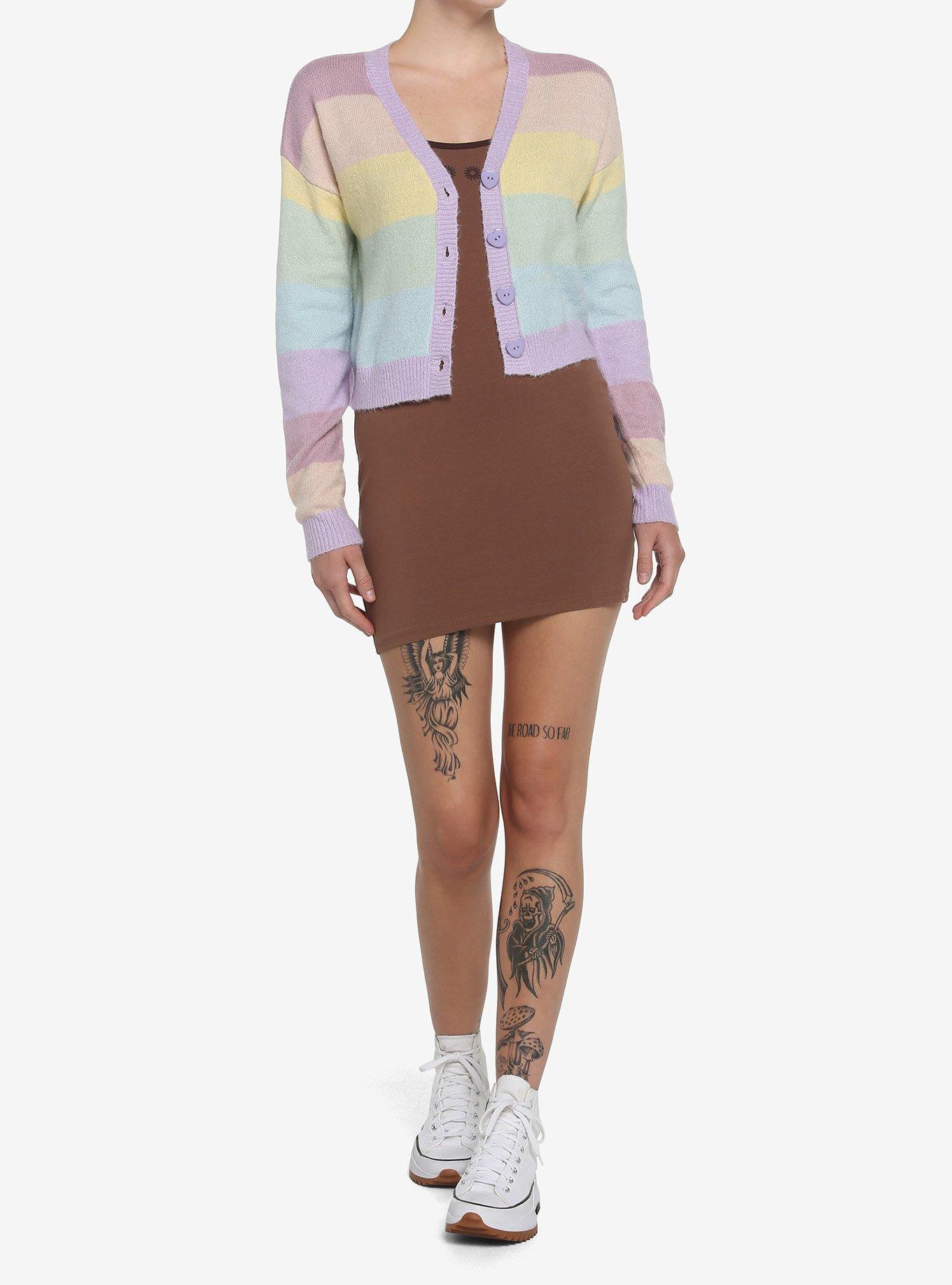Pastel Rainbow Boyfriend Fit Girls Crop Cardigan, STRIPES-RAINBOW, alternate