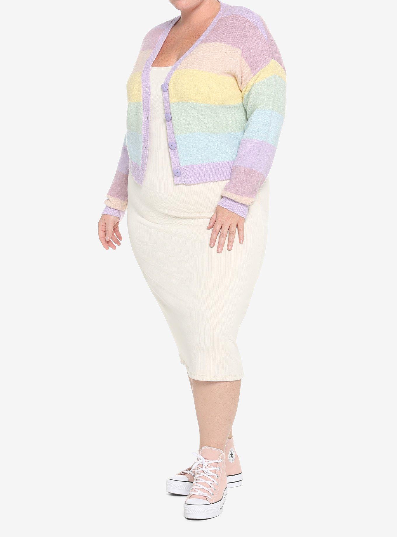 Pastel Rainbow Boyfriend Fit Girls Crop Cardigan Plus Size, STRIPES-RAINBOW, alternate