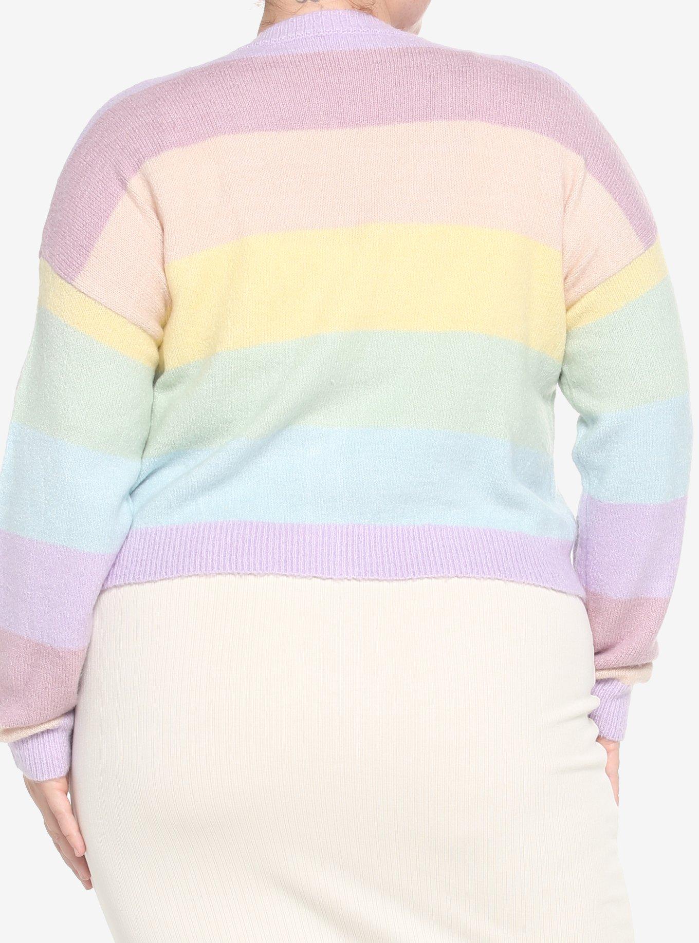 Pastel Rainbow Boyfriend Fit Girls Crop Cardigan Plus Size, STRIPES-RAINBOW, alternate