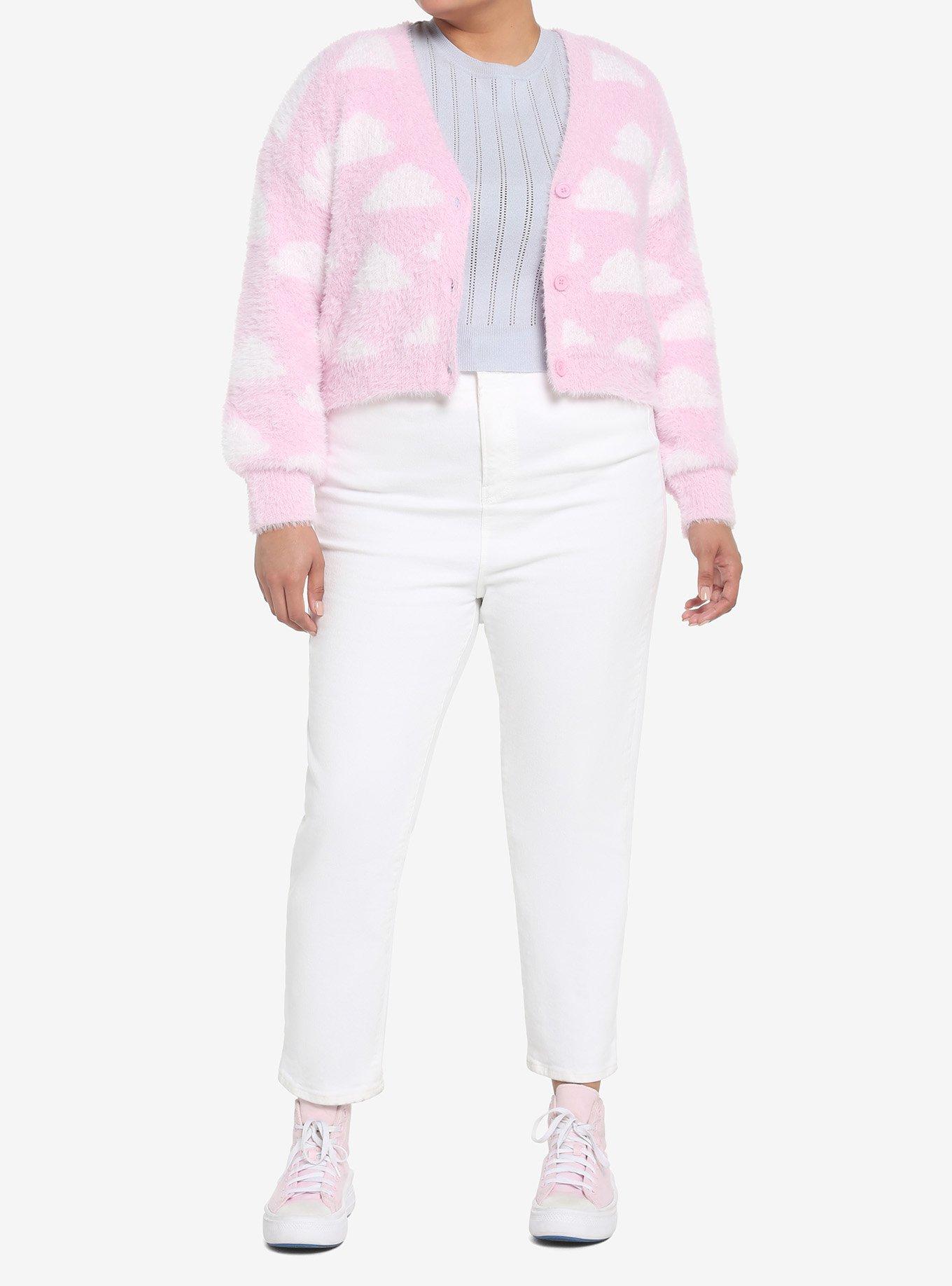 Pink Clouds Crop Girls Cardigan Plus Size, PINK, alternate