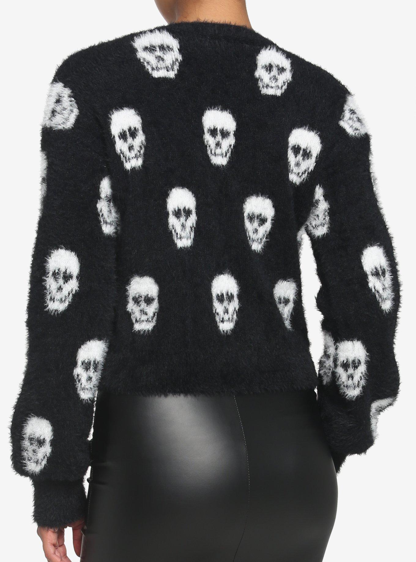 Skulls Crop Fuzzy Girls Cardigan, BLACK, alternate