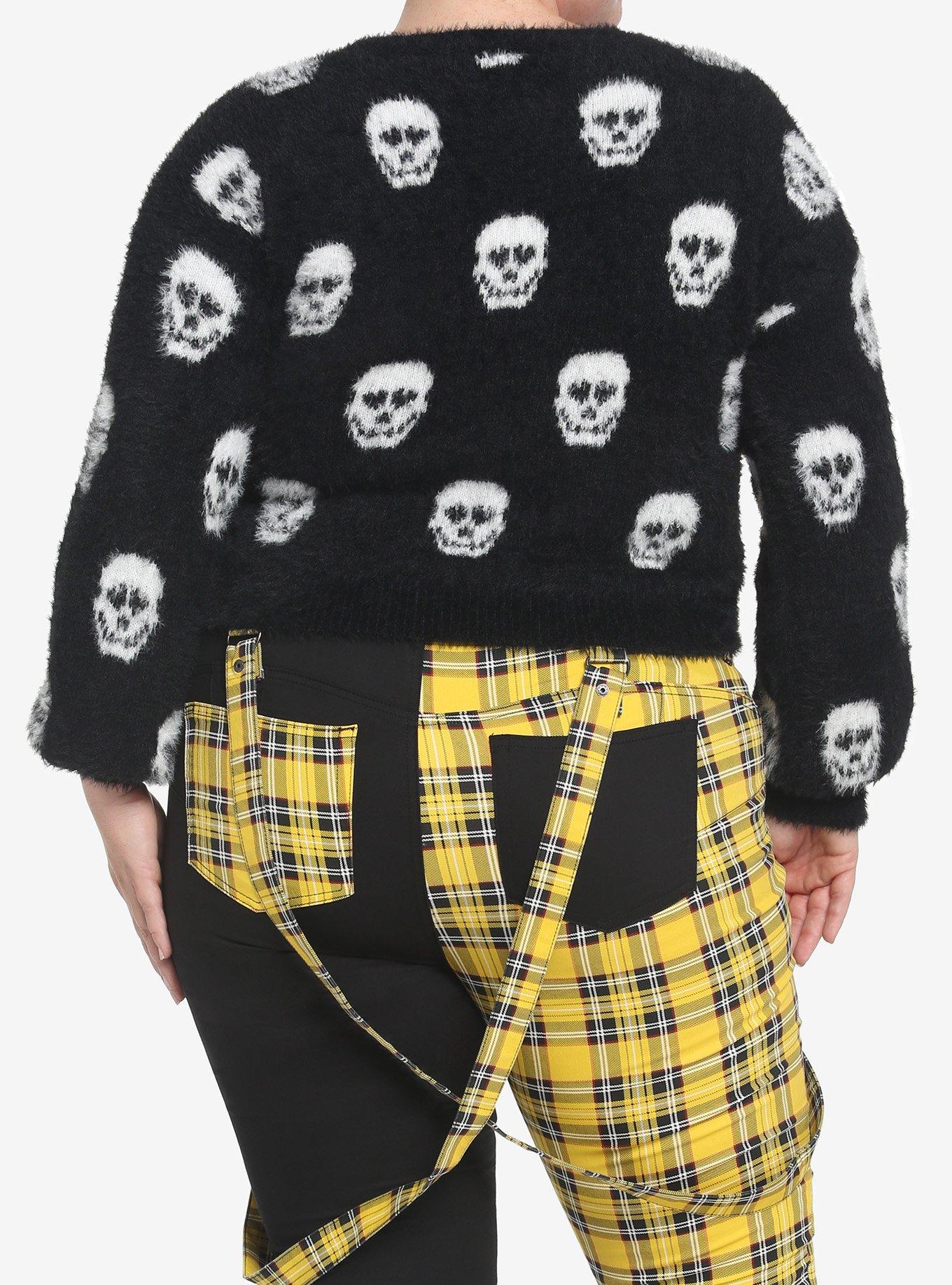 Skulls Crop Fuzzy Cardigan Plus Size, BLACK, alternate