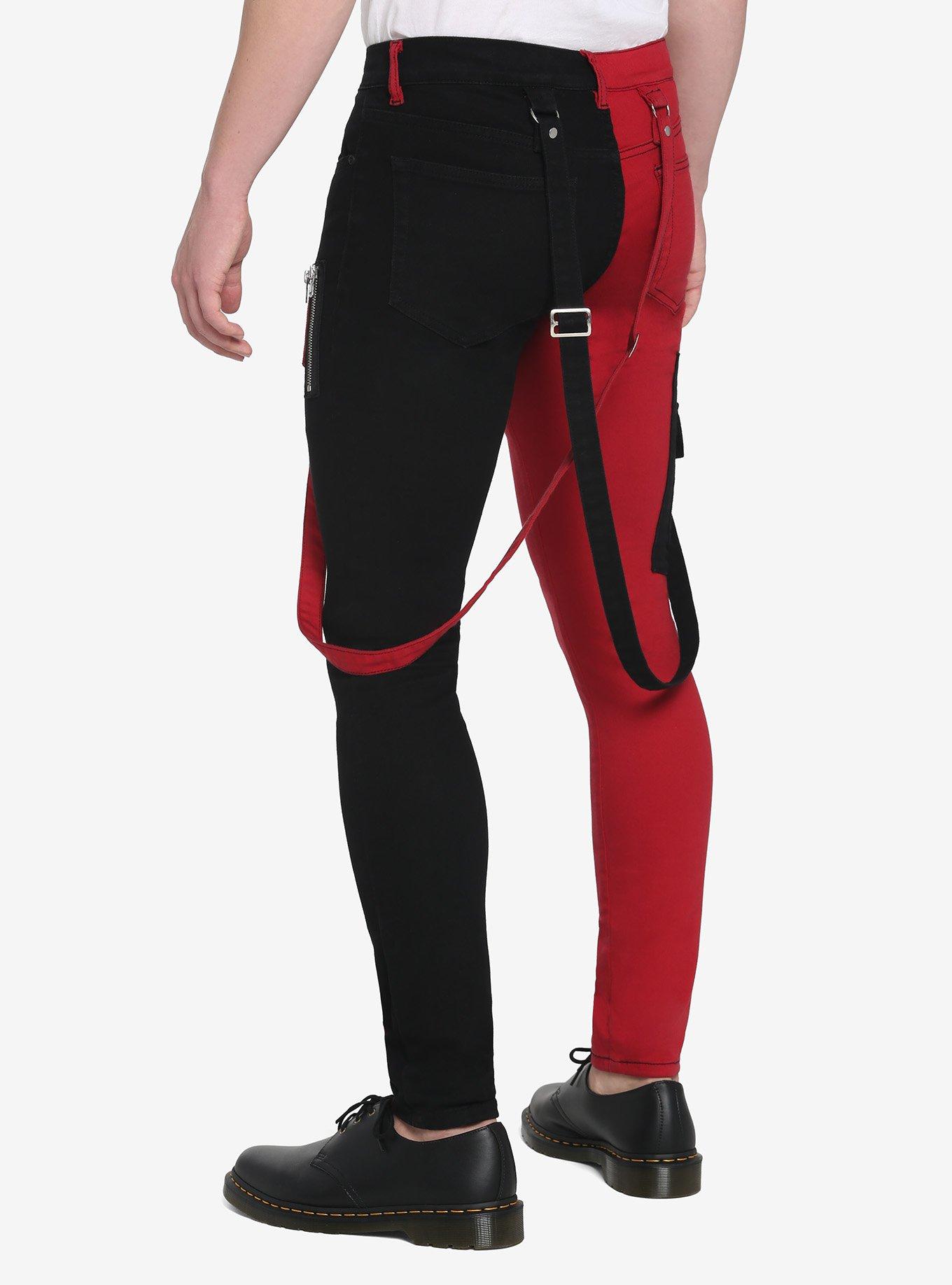 HT Denim Black & Red Colorblock Suspender Stinger Jeans, BLACK  RED, alternate