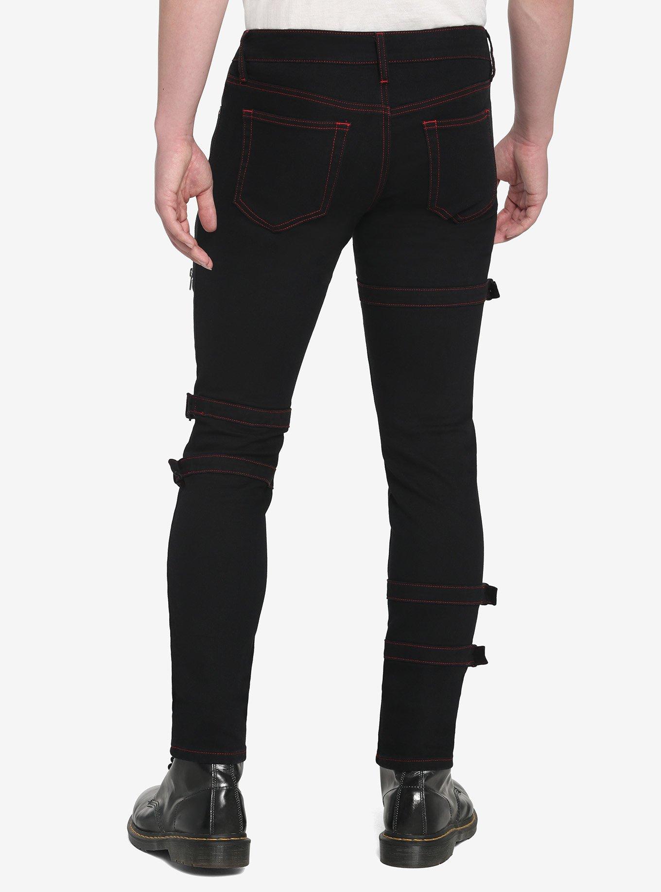 Black & Red Stitch Strap Skinny Jeans, BLACK  RED, alternate