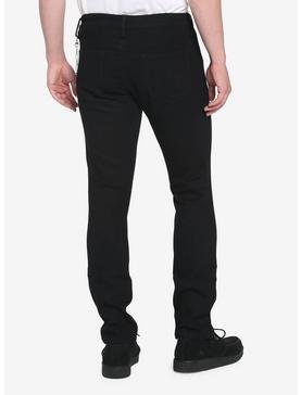 Black Destructed Skinny Jeans With Side Chain, , hi-res