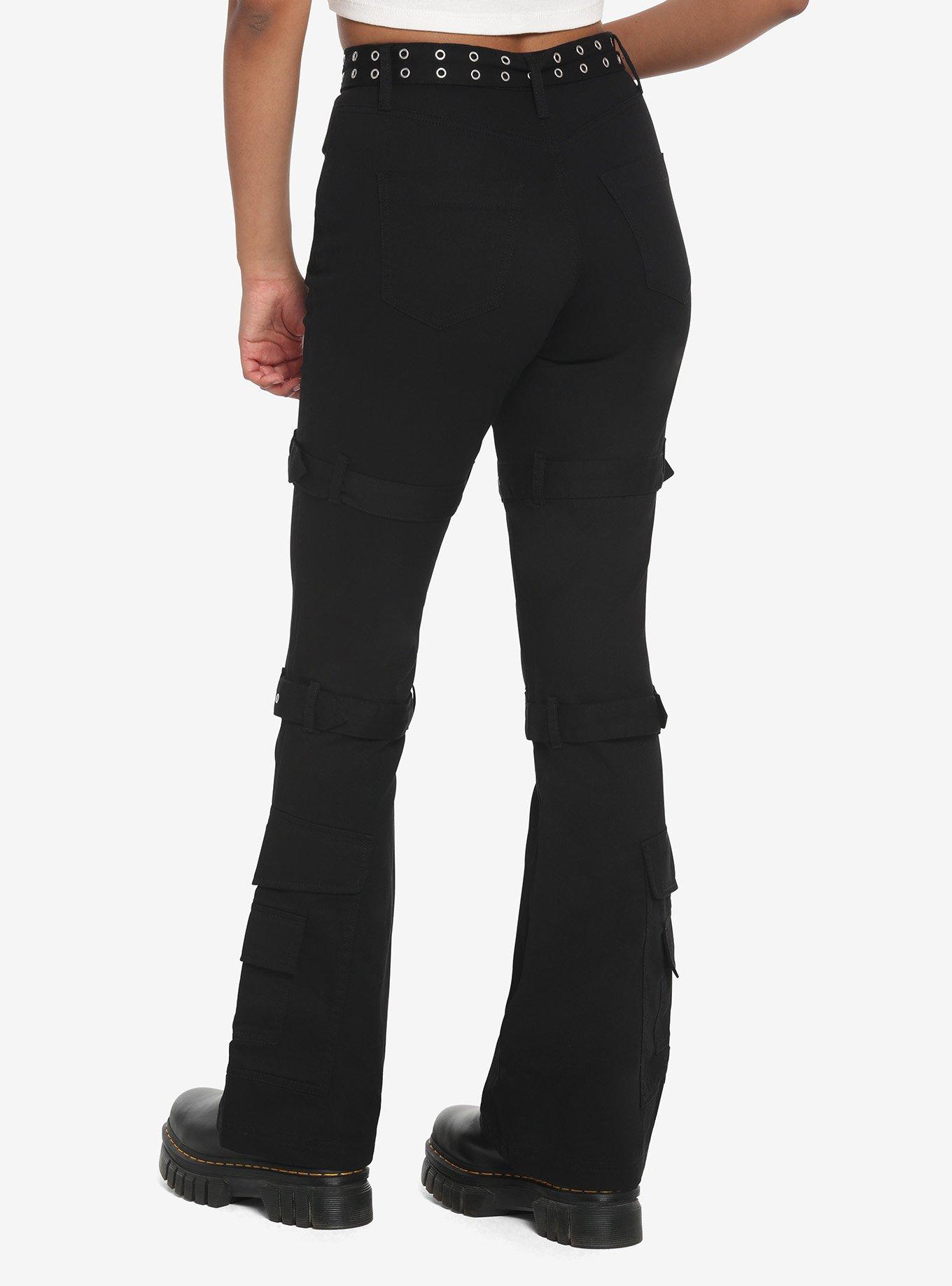 Black Grommet Belt Straight Leg Pants, BLACK, alternate