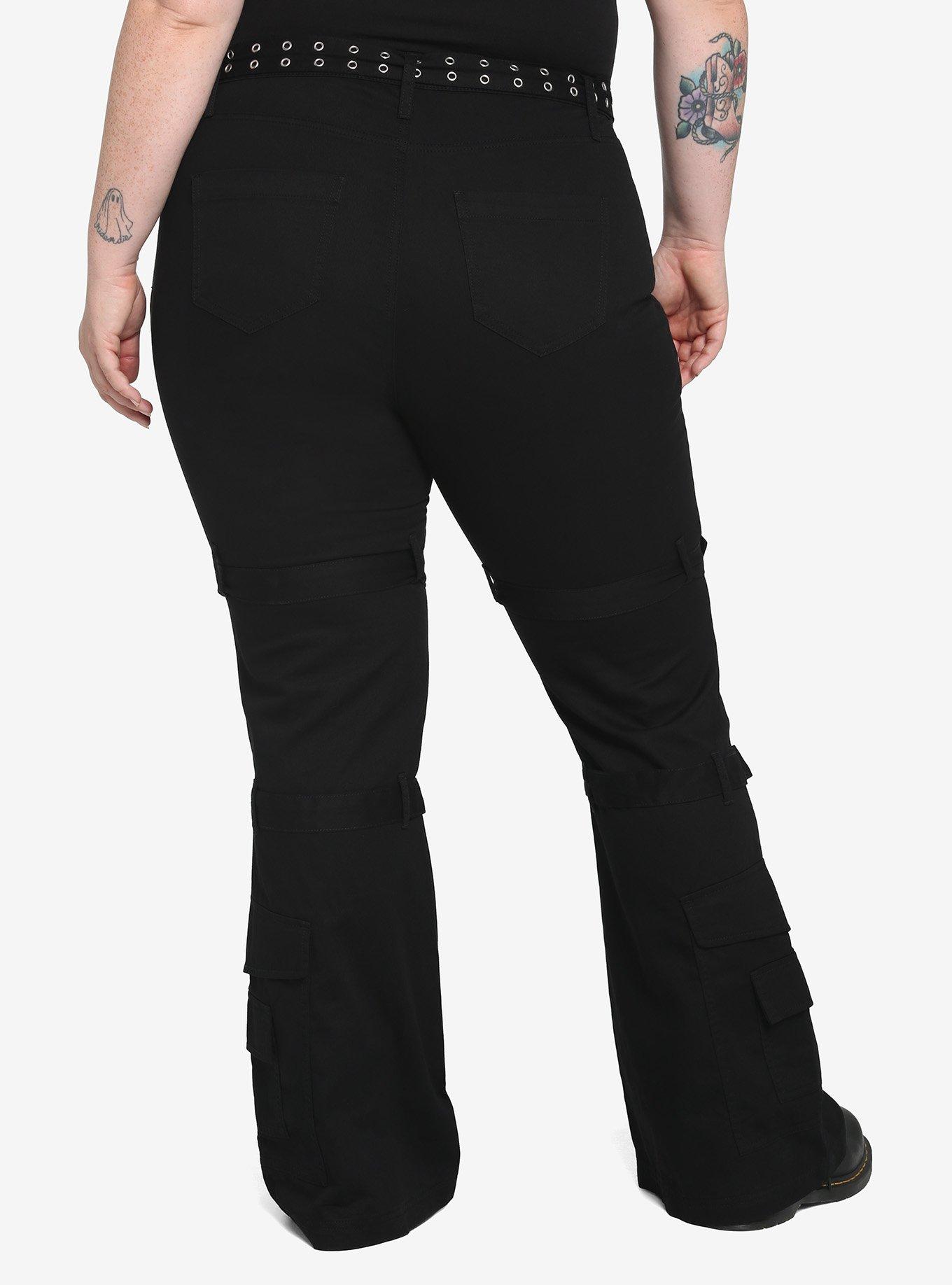 Black Grommet Belt Straight Leg Pants Plus Size, BLACK, alternate
