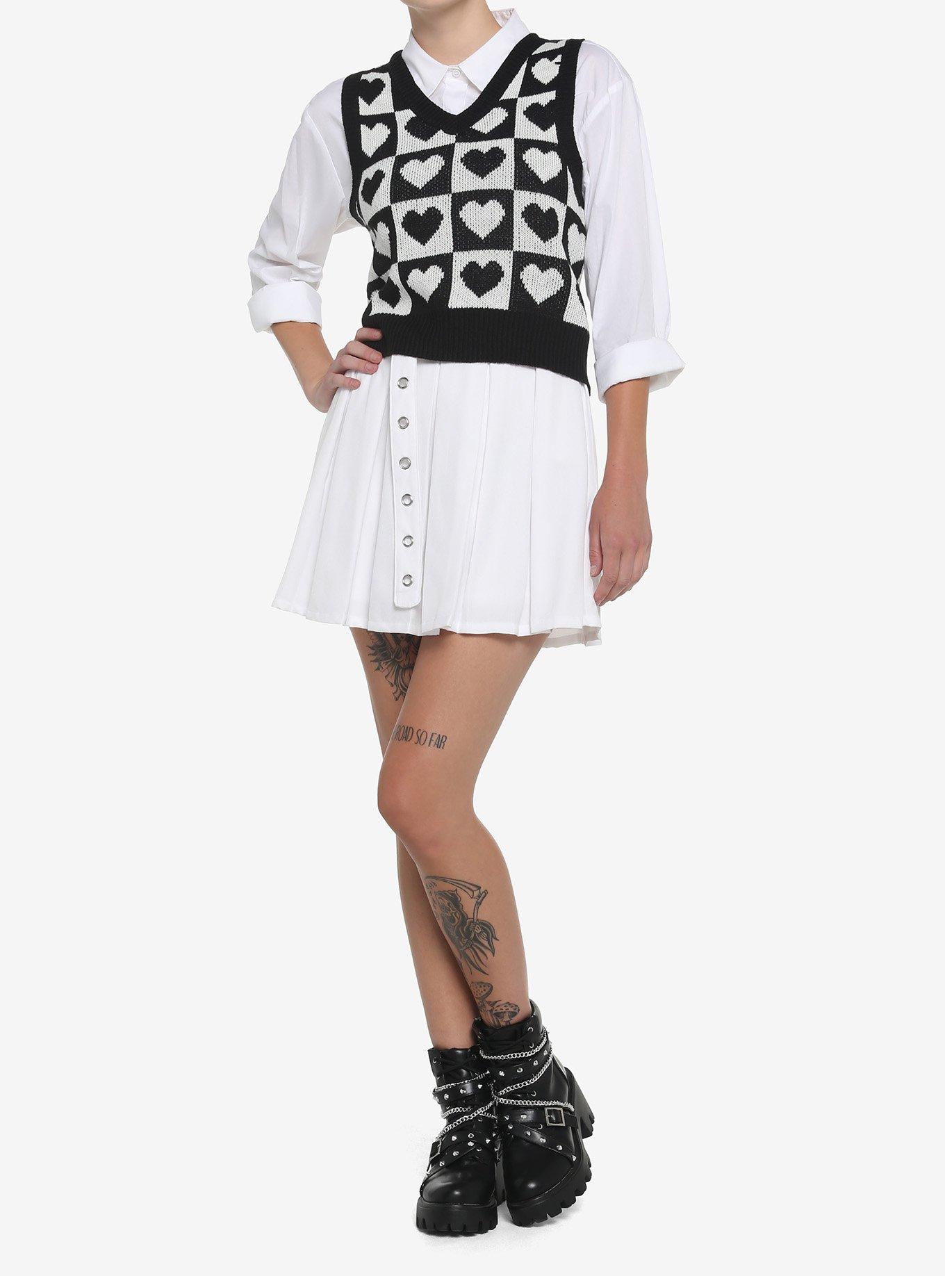 Black & White Checkered Heart Girls Crop Sweater Vest, BLACK, alternate