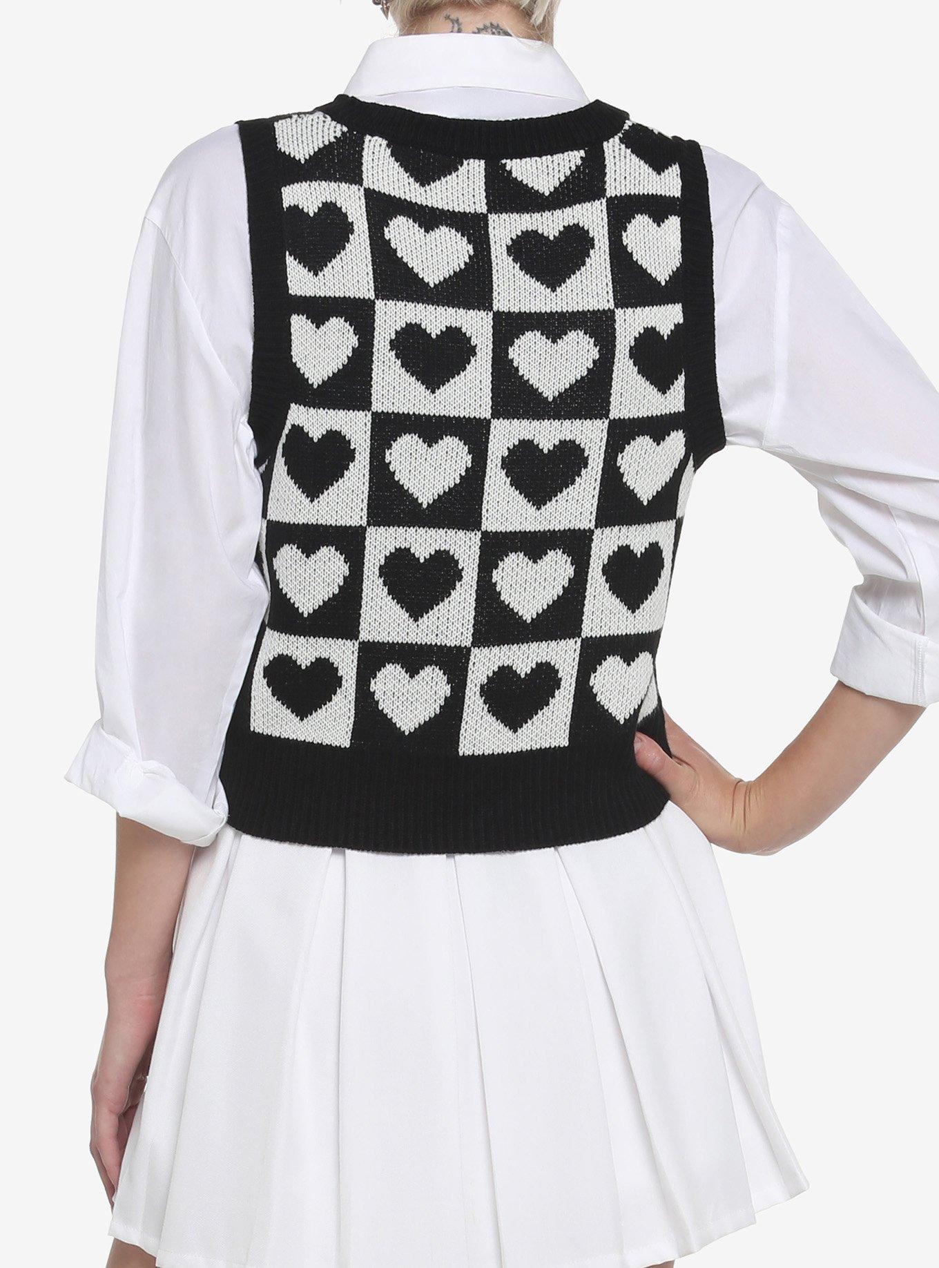 Black & White Checkered Heart Girls Crop Sweater Vest, BLACK, alternate