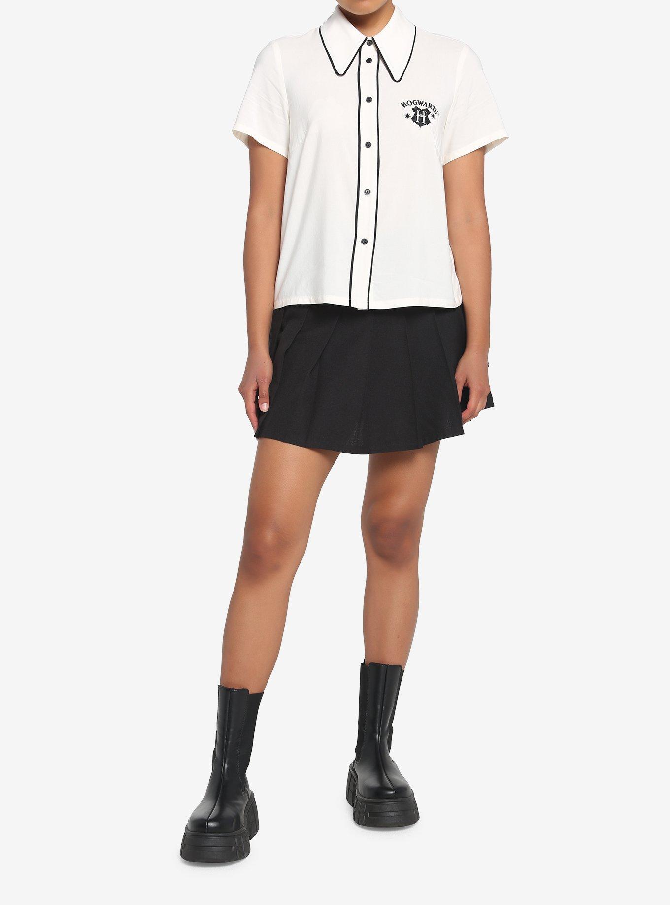 Harry Potter Hogwarts Crest Boxy Woven Button-Up, OFF WHITE, alternate