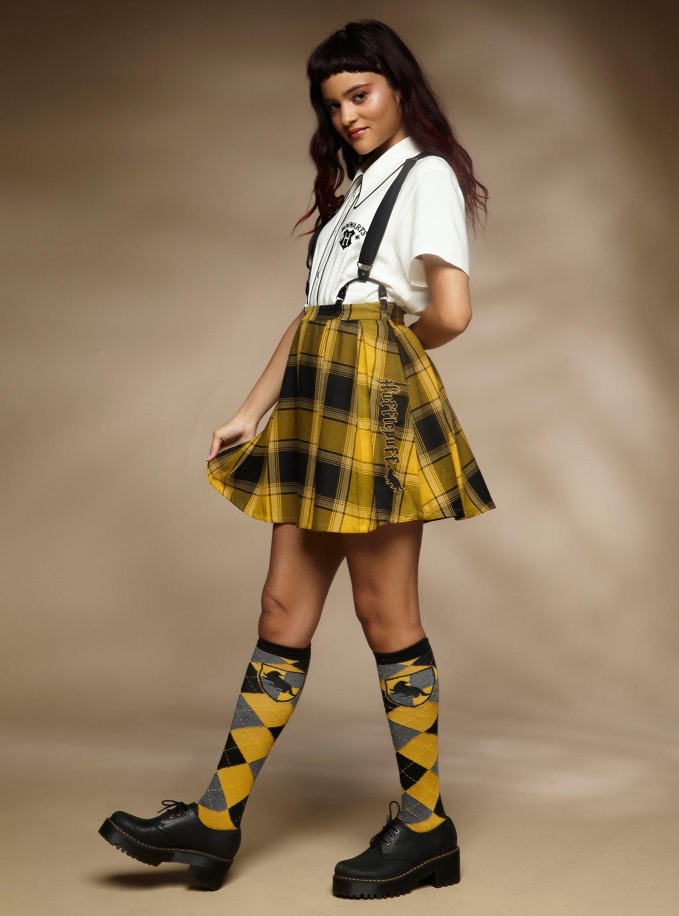 Harry Potter Hufflepuff Pleated Suspender Skirt, PLAID - YELLOW, alternate