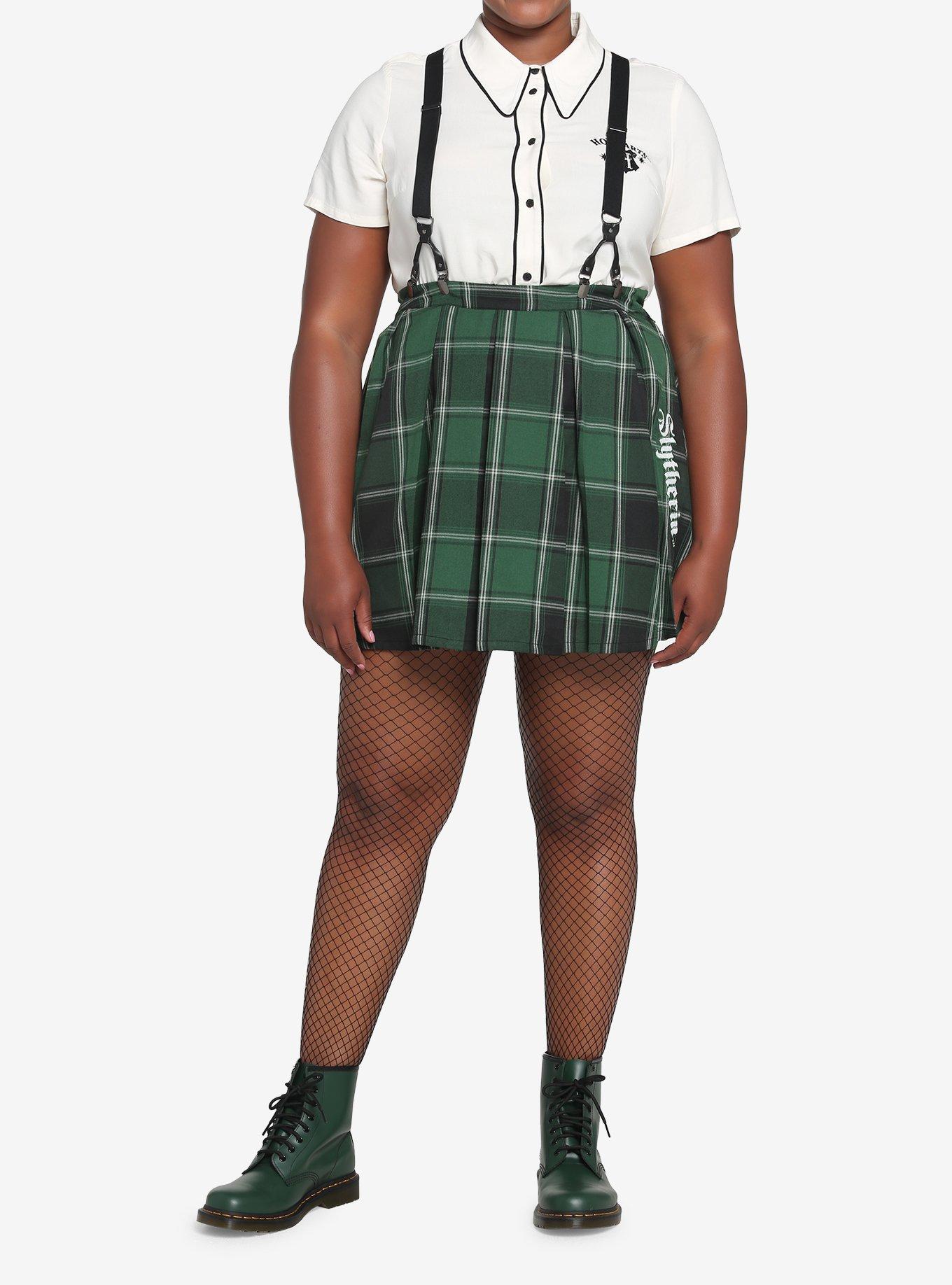 Harry Potter Slytherin Pleated Suspender Skirt Plus Size, PLAID - GREEN, alternate