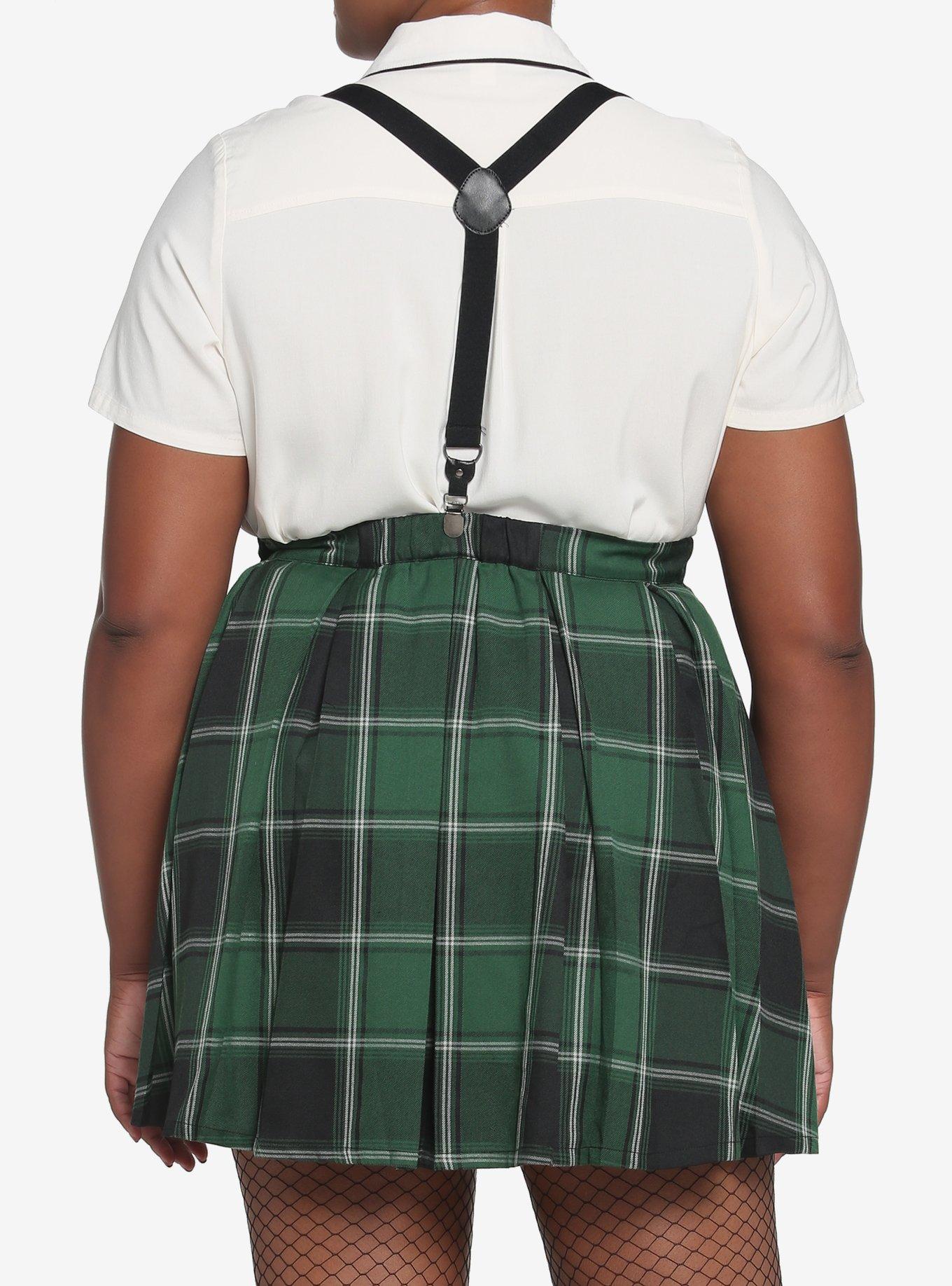 Harry Potter Slytherin Pleated Suspender Skirt Plus Size, PLAID - GREEN, alternate