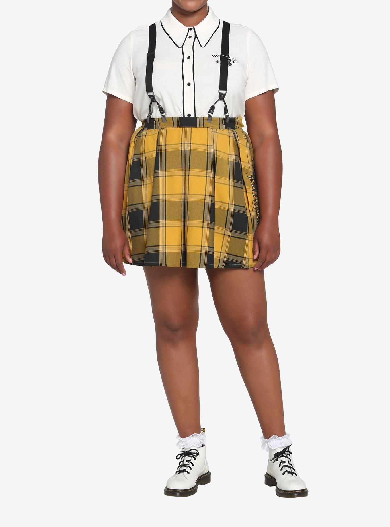 Harry Potter Hufflepuff Pleated Suspender Skirt Plus Size, PLAID - YELLOW, alternate