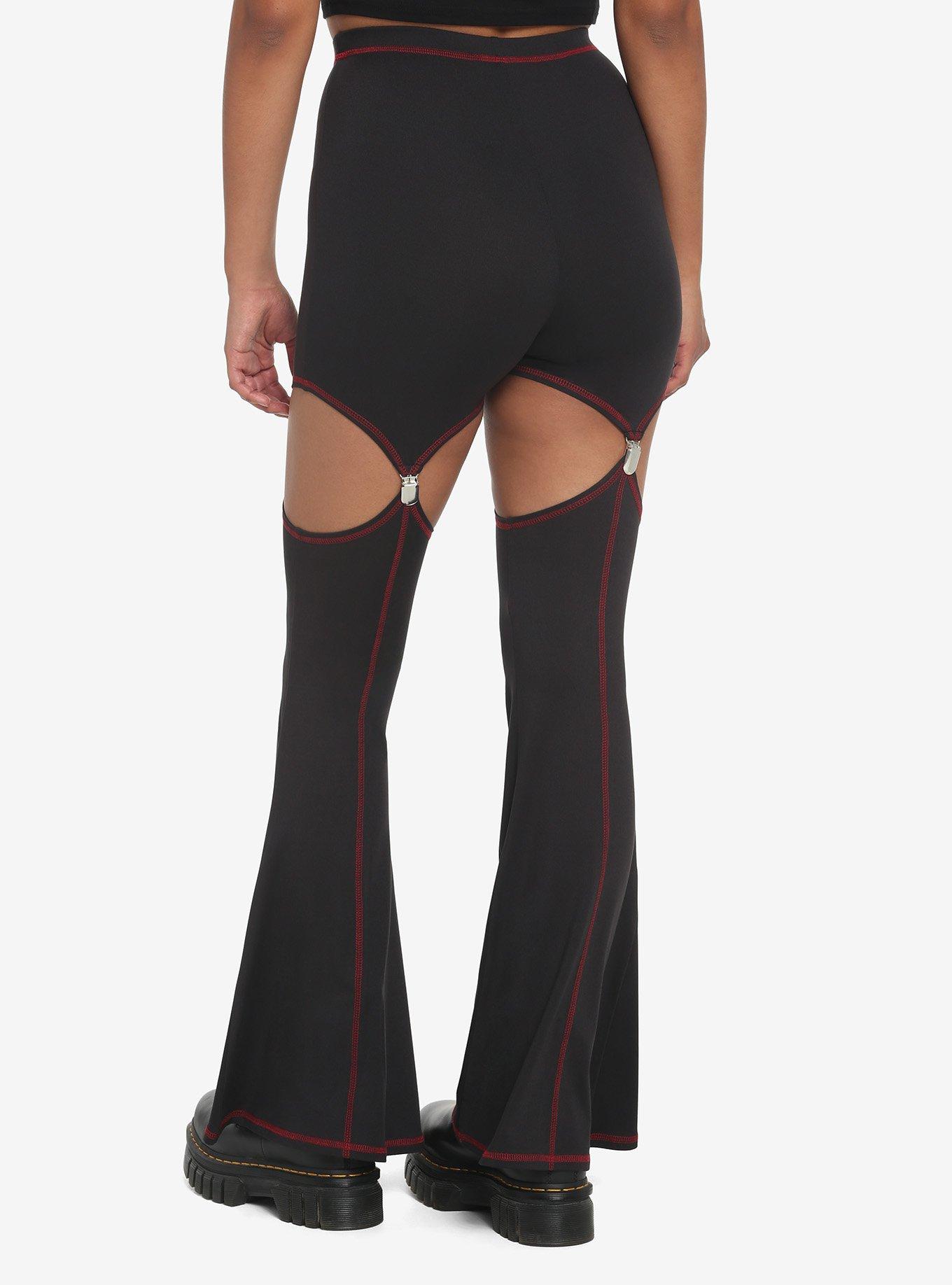 Black & Red Stitch Flare Garter Leggings, BLACK  RED, alternate
