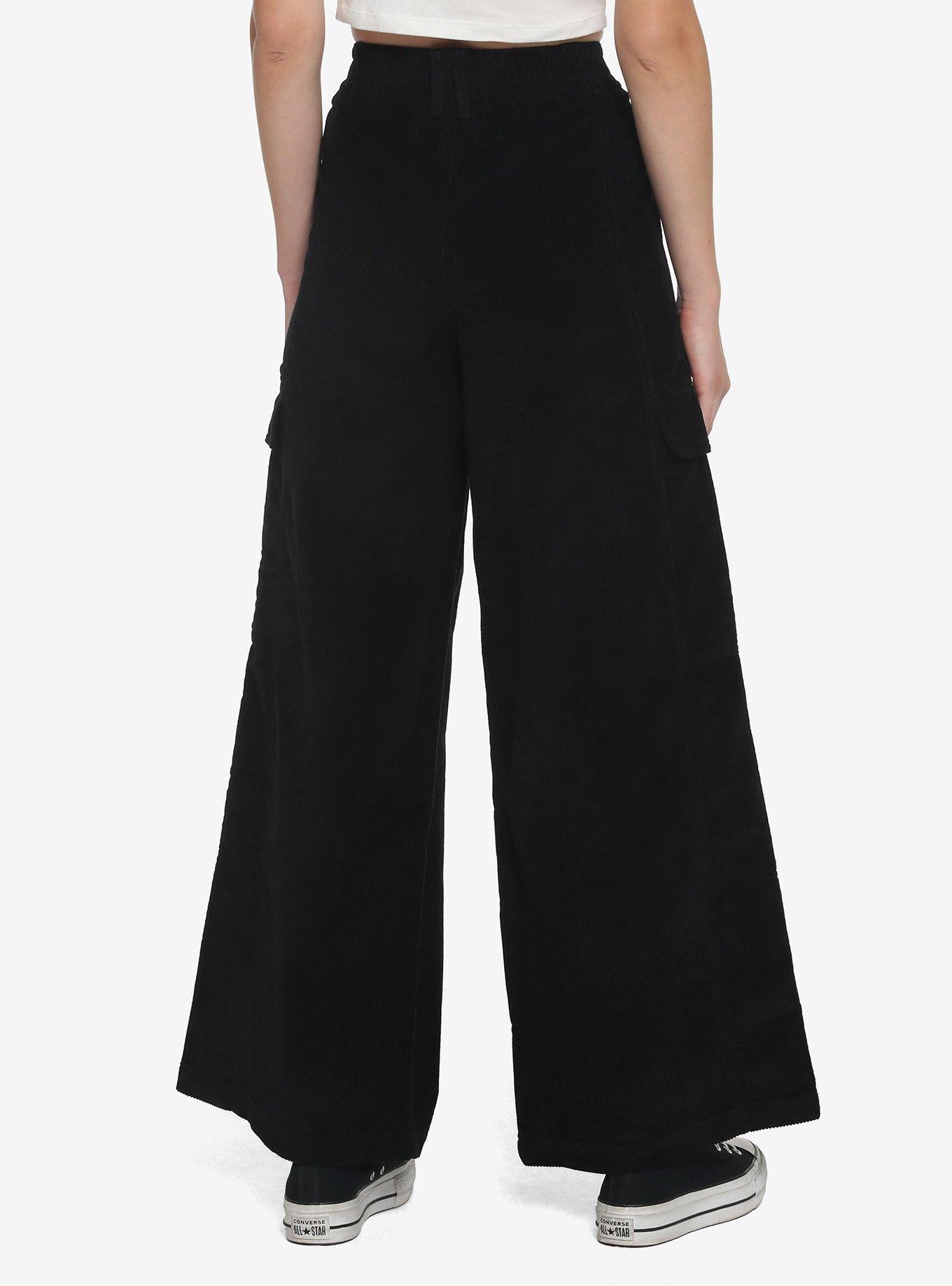 Black Corduroy Wide Leg Cargo Pants, BLACK, alternate