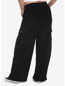 Black Corduroy Wide Leg Cargo Pants Plus Size, , hi-res
