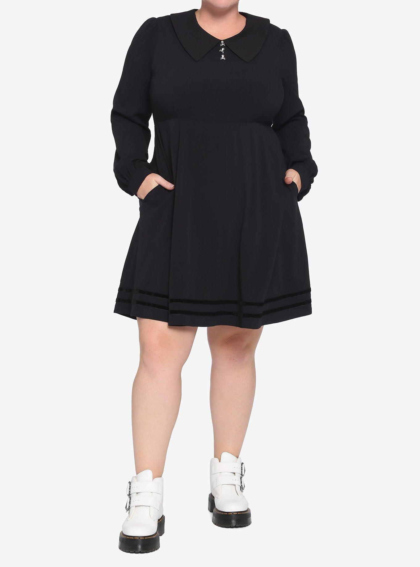 Black Statement Collar Skull Button Dress, BLACK, alternate