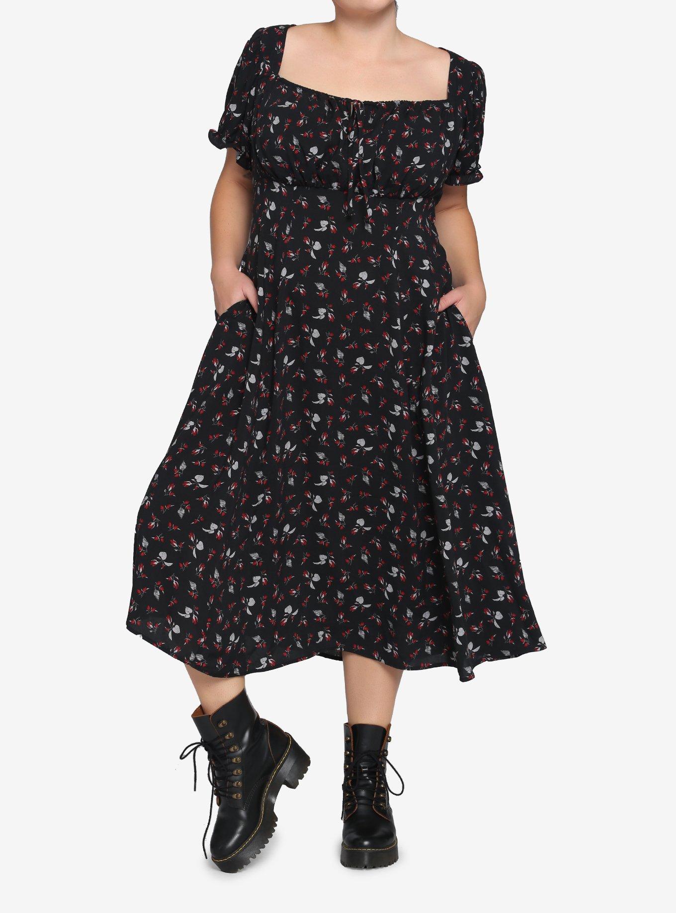 Black & Red Rose Midi Dress Plus Size, BLACK, alternate