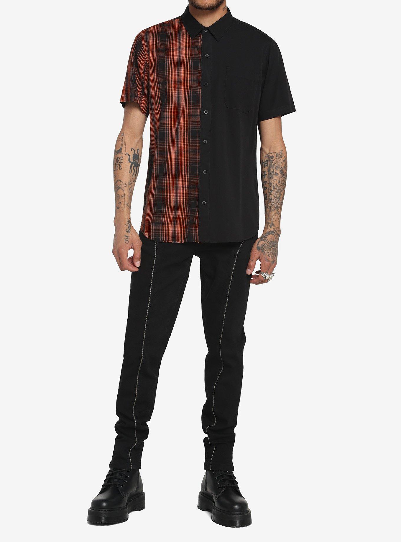 Orange Plaid & Black Split Woven Button-Up, BLACK, alternate