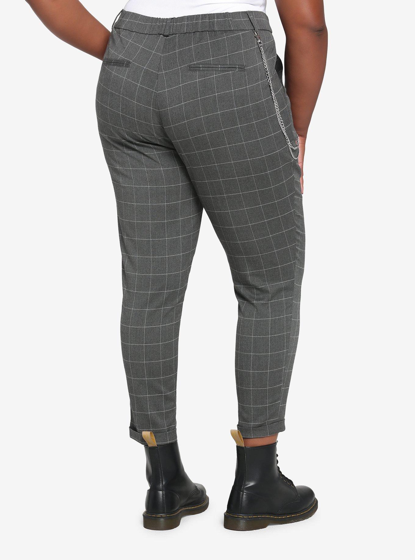 Grey Grid Side Chain Pants Plus Size, GREY, alternate