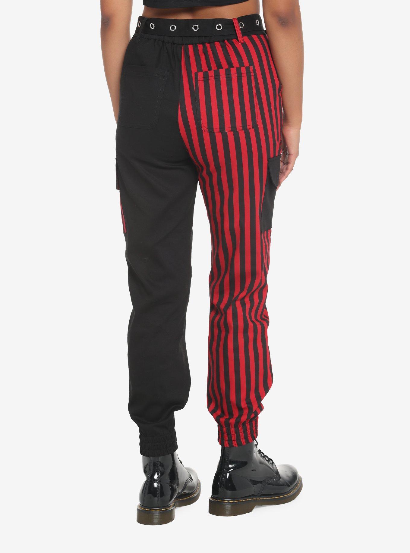 Black & Red Stripe Split Cargo Joggers With Belt, BLACK  RED, alternate