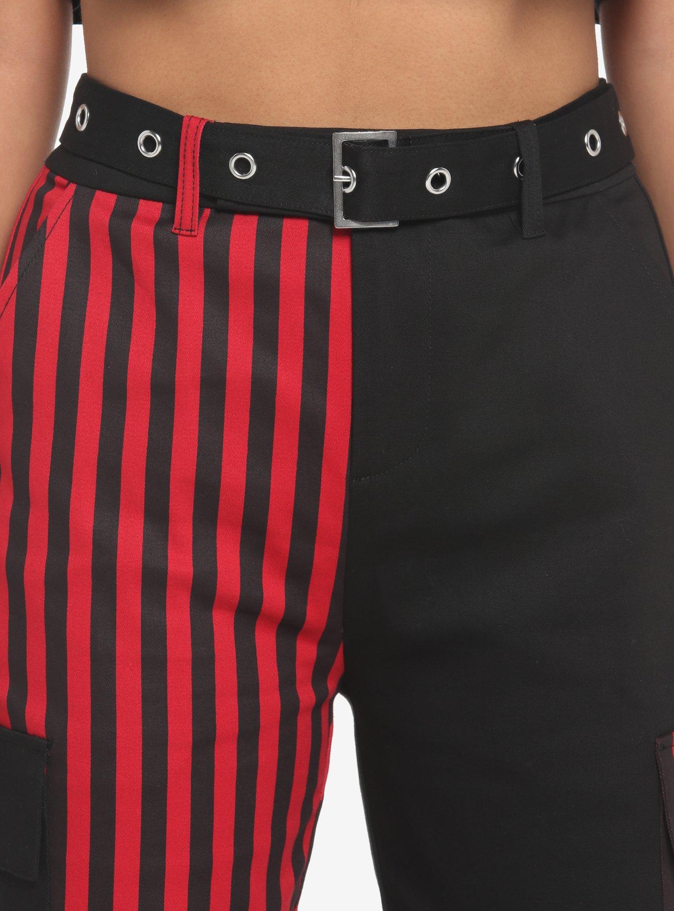 Black & Red Stripe Split Cargo Joggers With Belt, BLACK  RED, alternate