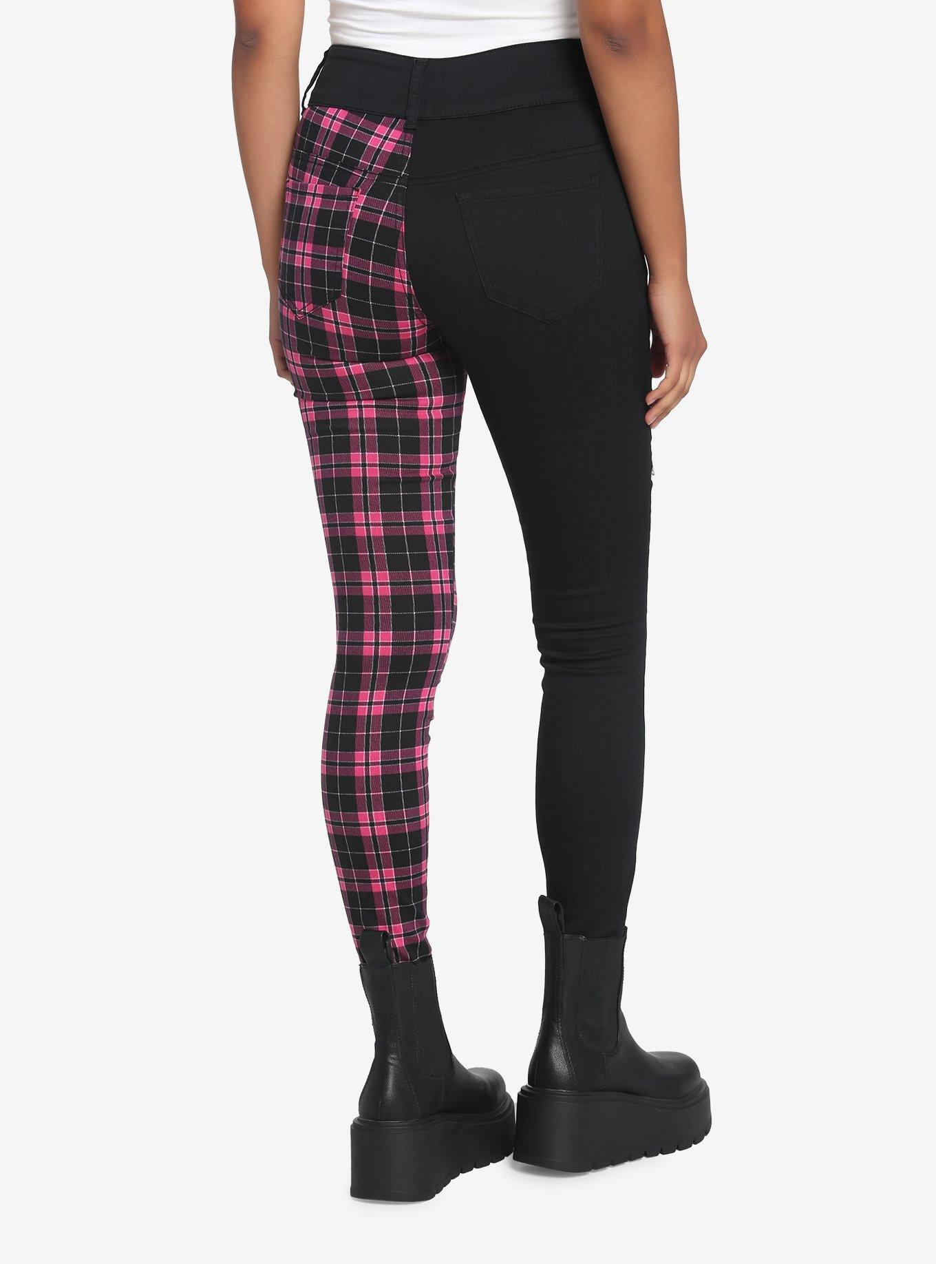 Black & Pink Plaid Split Super Skinny Jeans, PINK, alternate