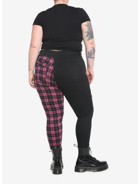 Black & Pink Plaid Split Super Skinny Jeans Plus Size, , hi-res