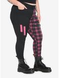 Black & Pink Plaid Split Super Skinny Jeans Plus Size, PINK, alternate