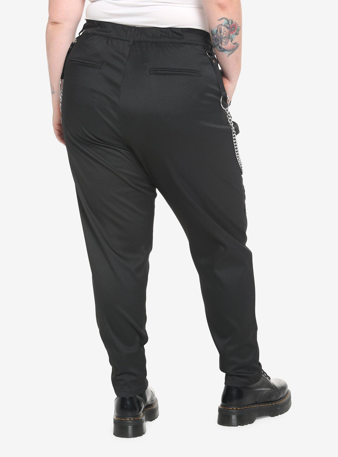 Black Chain Zipper Pants Plus Size, BLACK, alternate