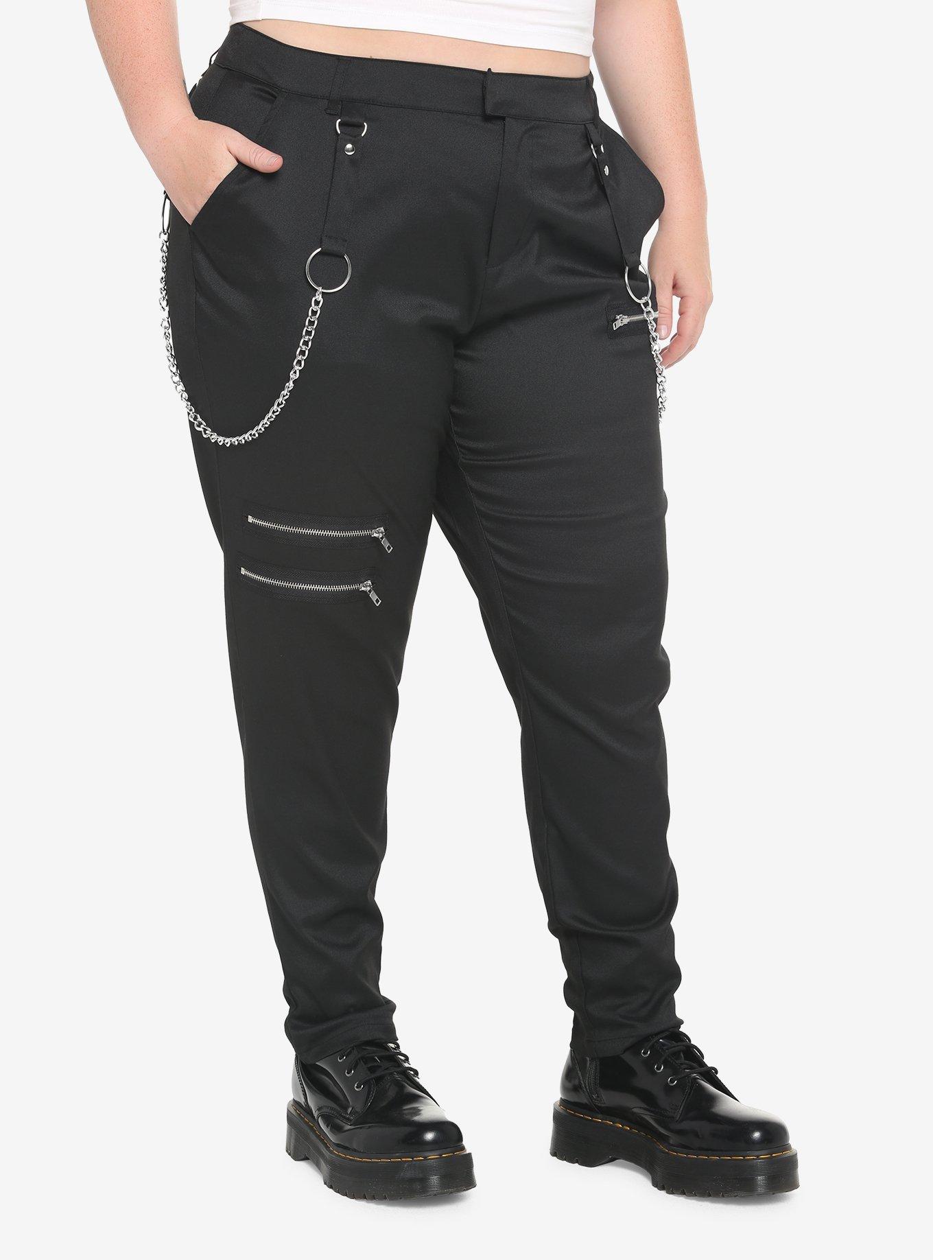 Black Chain Zipper Pants Plus Size, BLACK, alternate