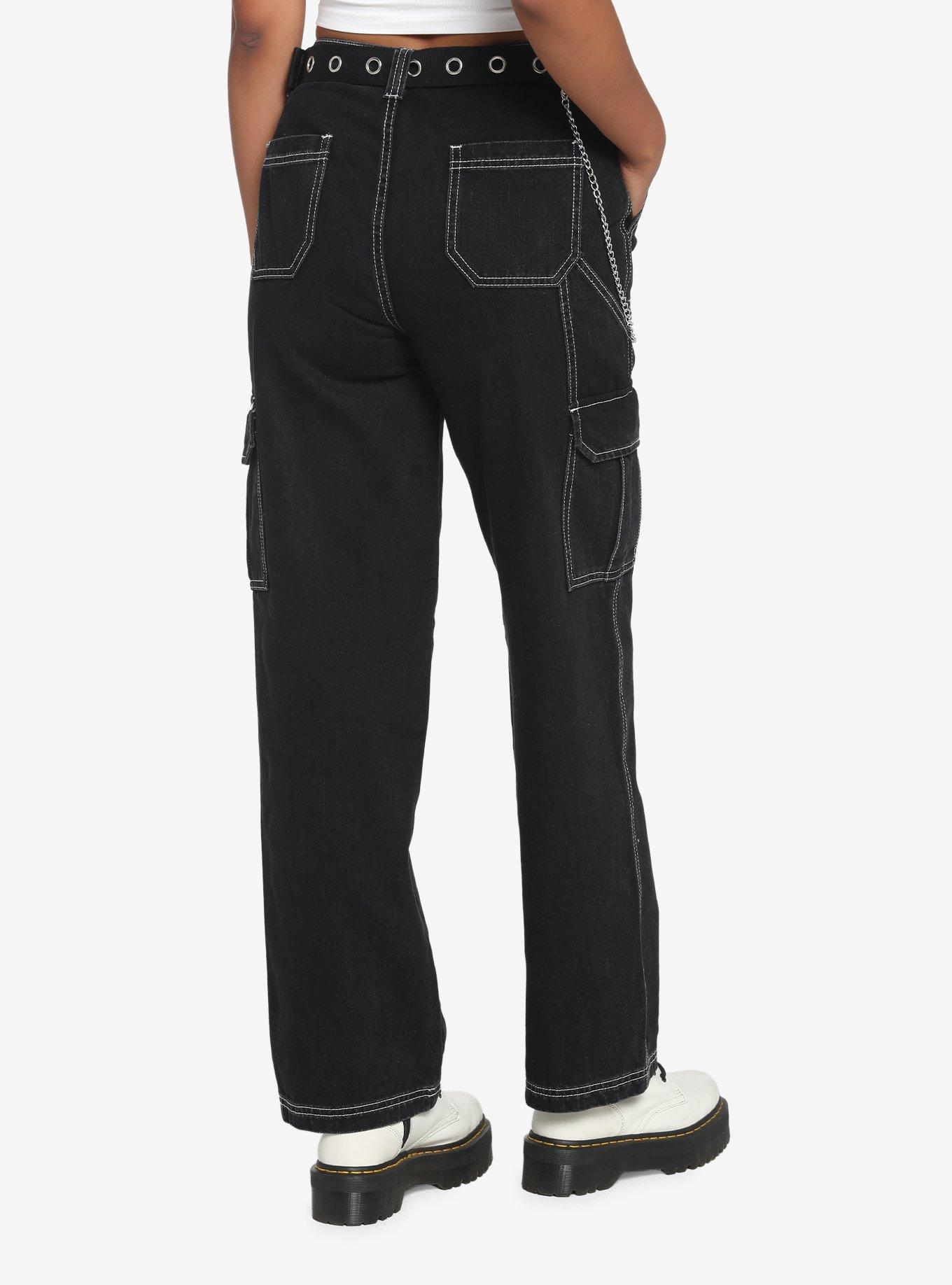 Black Cargo Side Chain Carpenter Pants With Belt, BLACK, alternate