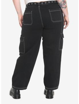 Black Cargo Side Chain Carpenter Pants With Belt Plus Size, , hi-res