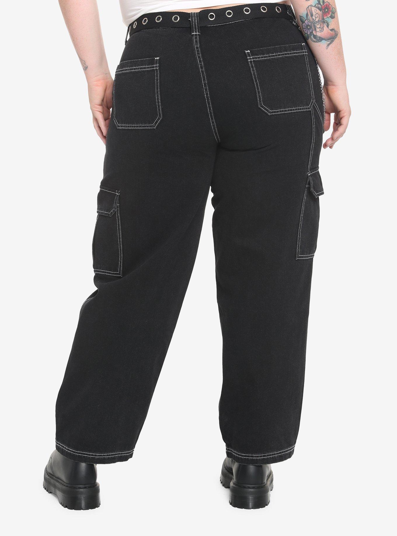 Black Cargo Side Chain Carpenter Pants With Belt Plus Size, BLACK, alternate