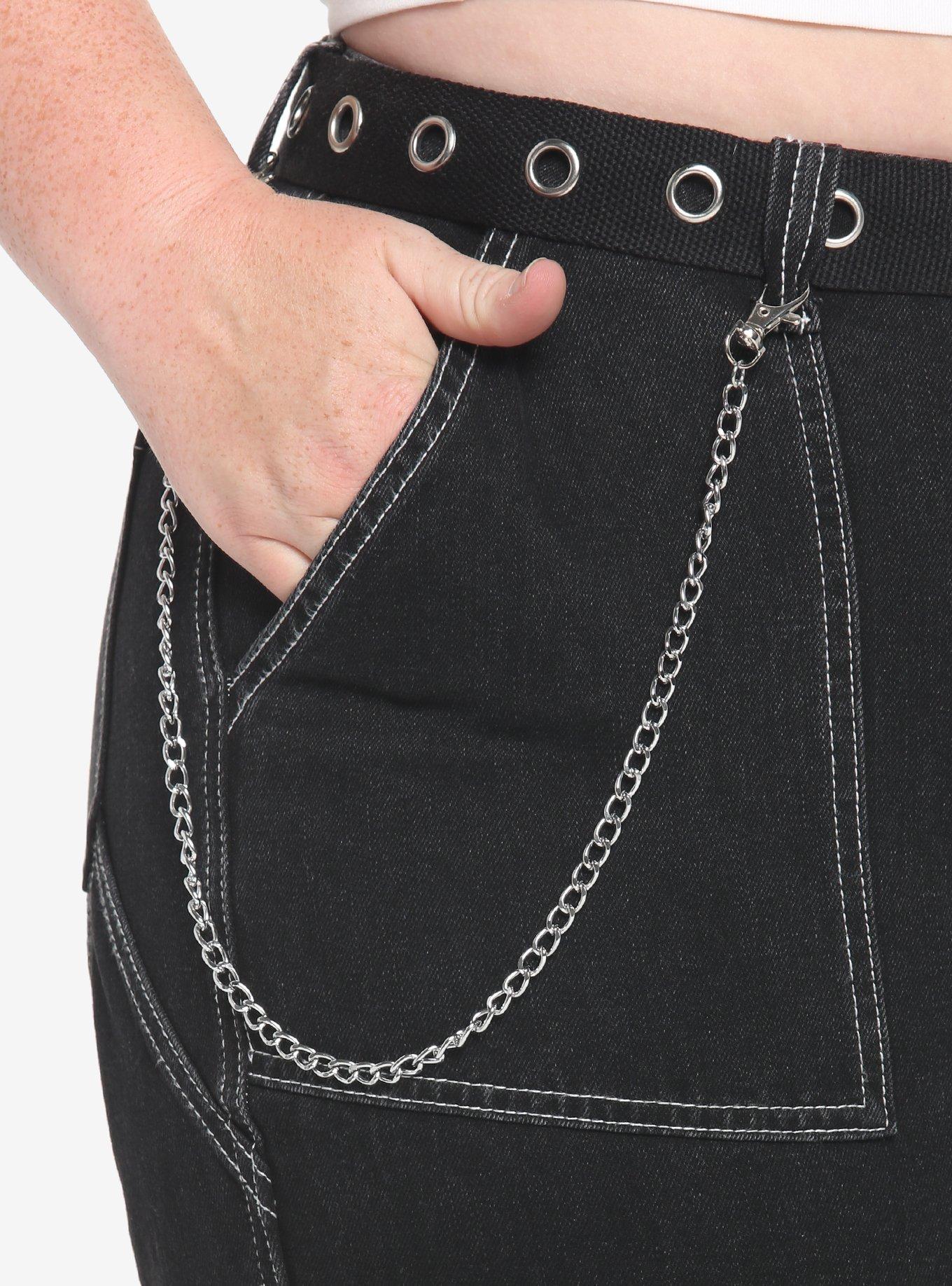 Black Cargo Side Chain Carpenter Pants With Belt Plus Size, BLACK, alternate