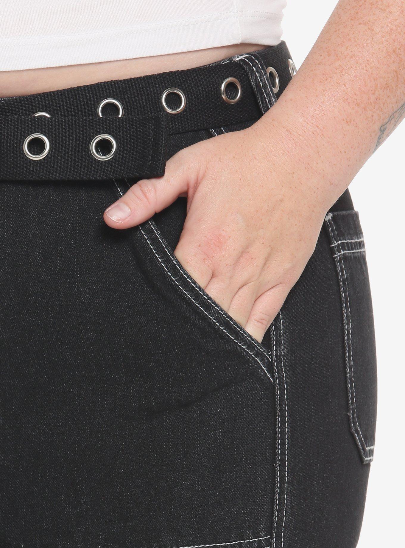 Black Cargo Side Chain Carpenter Pants With Belt Plus Size, BLACK, alternate