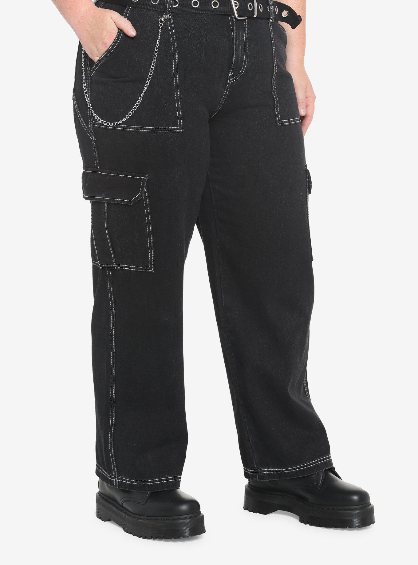 Black Cargo Side Chain Carpenter Pants With Belt Plus Size, BLACK, alternate