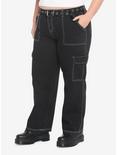 Black Cargo Side Chain Carpenter Pants With Belt Plus Size, BLACK, alternate