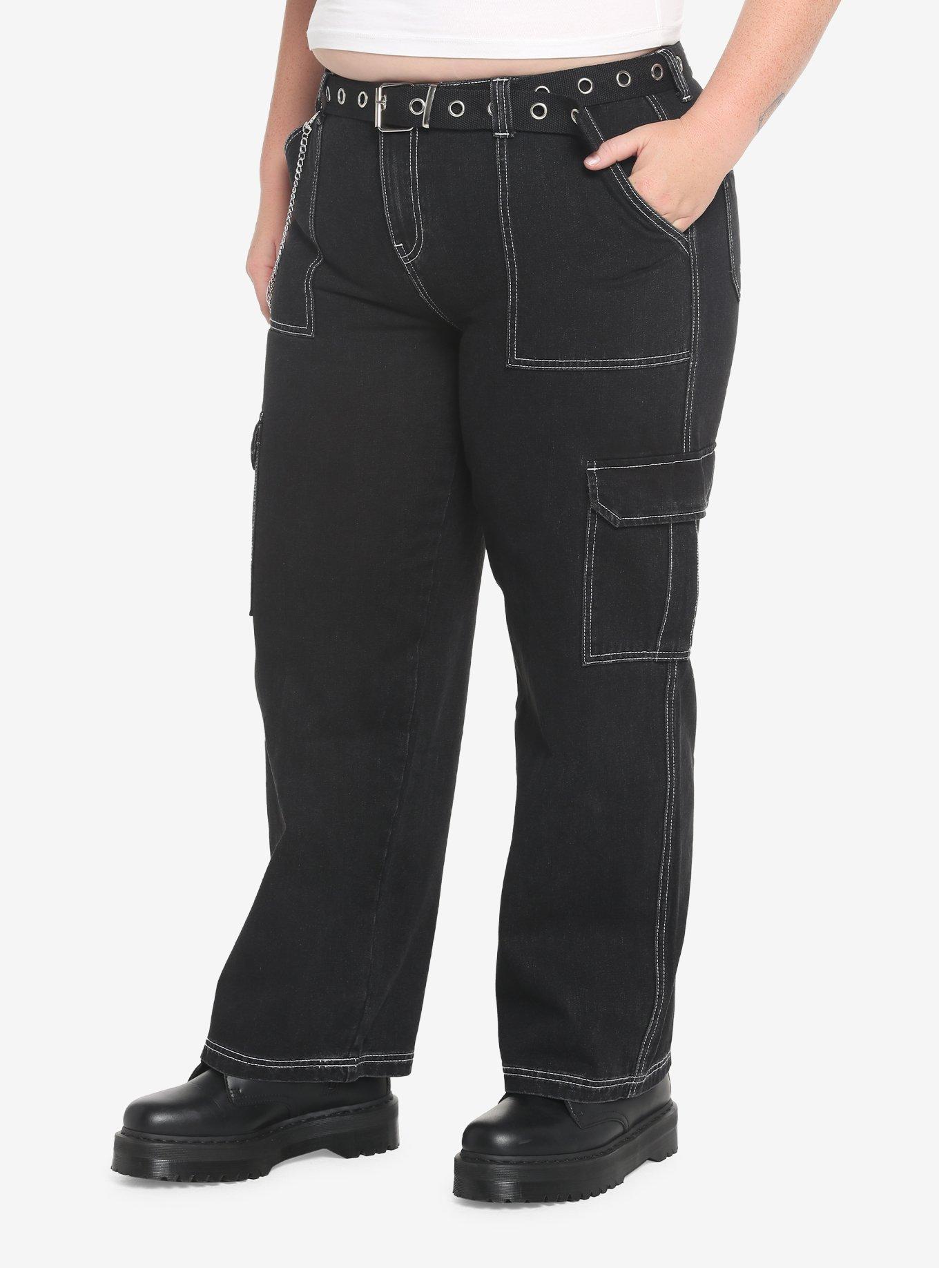 Black Cargo Side Chain Carpenter Pants With Belt Plus Size, BLACK, alternate