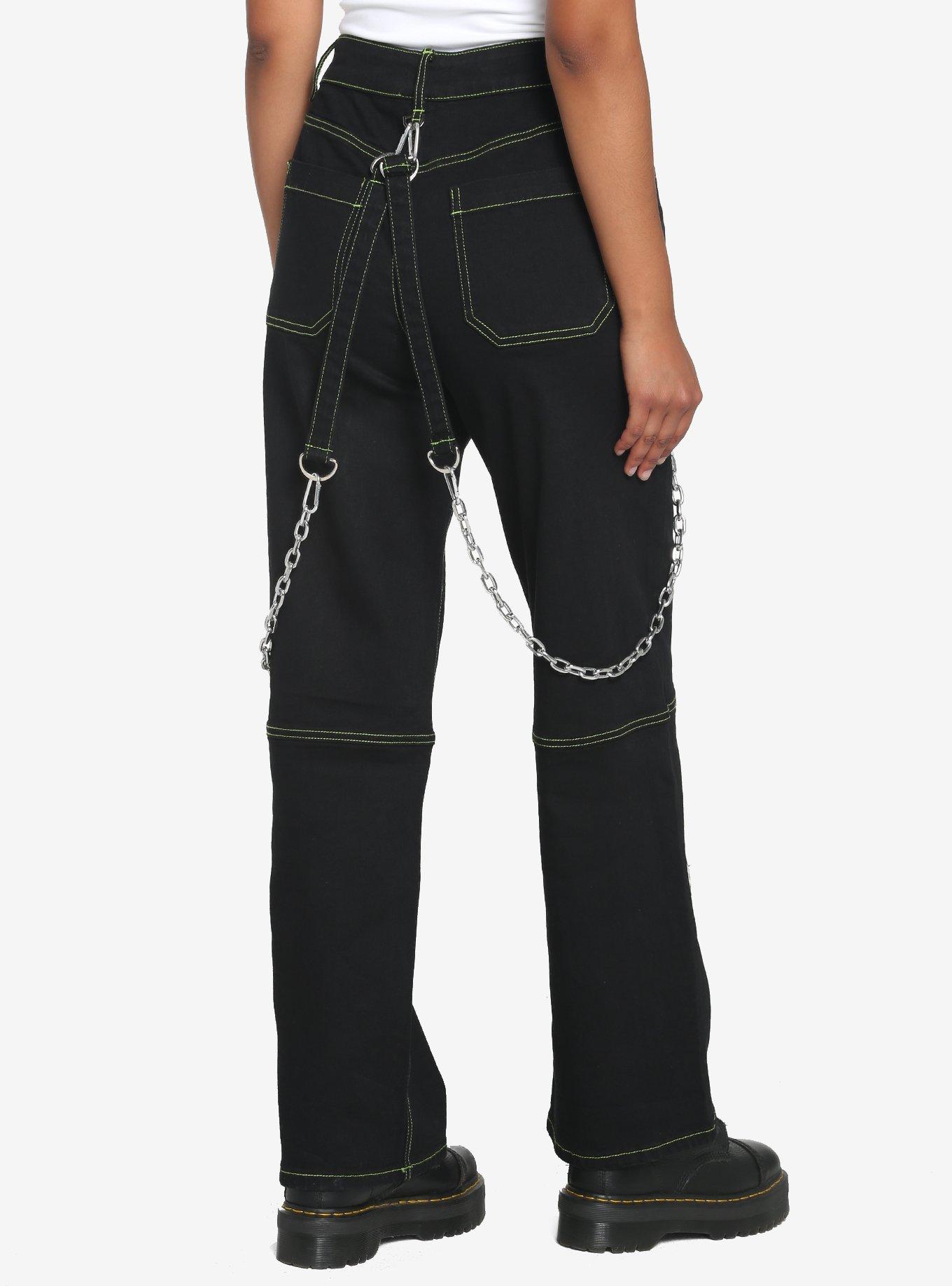Black & Green Contrast Stitch Carpenter Pants With Detachable Chain, BLACK  GREEN, alternate