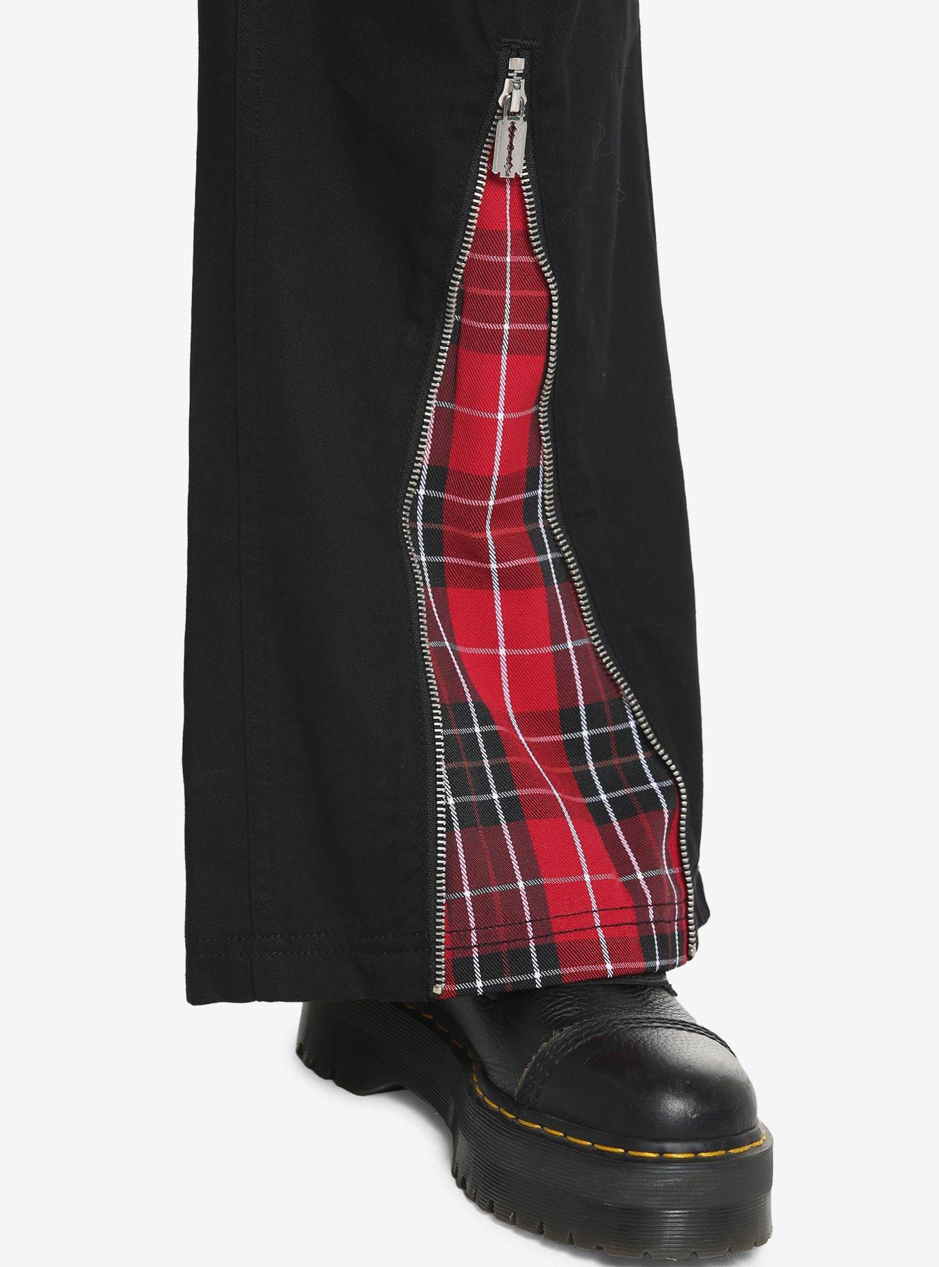 Black & Red Plaid Razor Zipper Flare Jeans Plus Size, BLACK, alternate