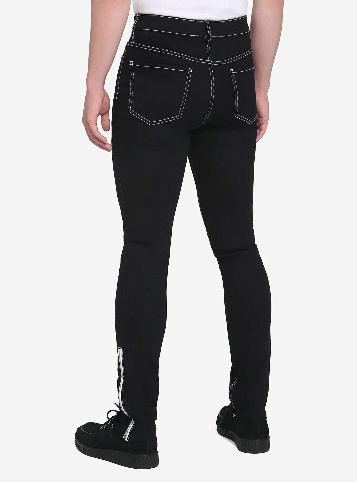 Black Ankle Zipper Skinny Jeans, BLACK  WHITE, alternate