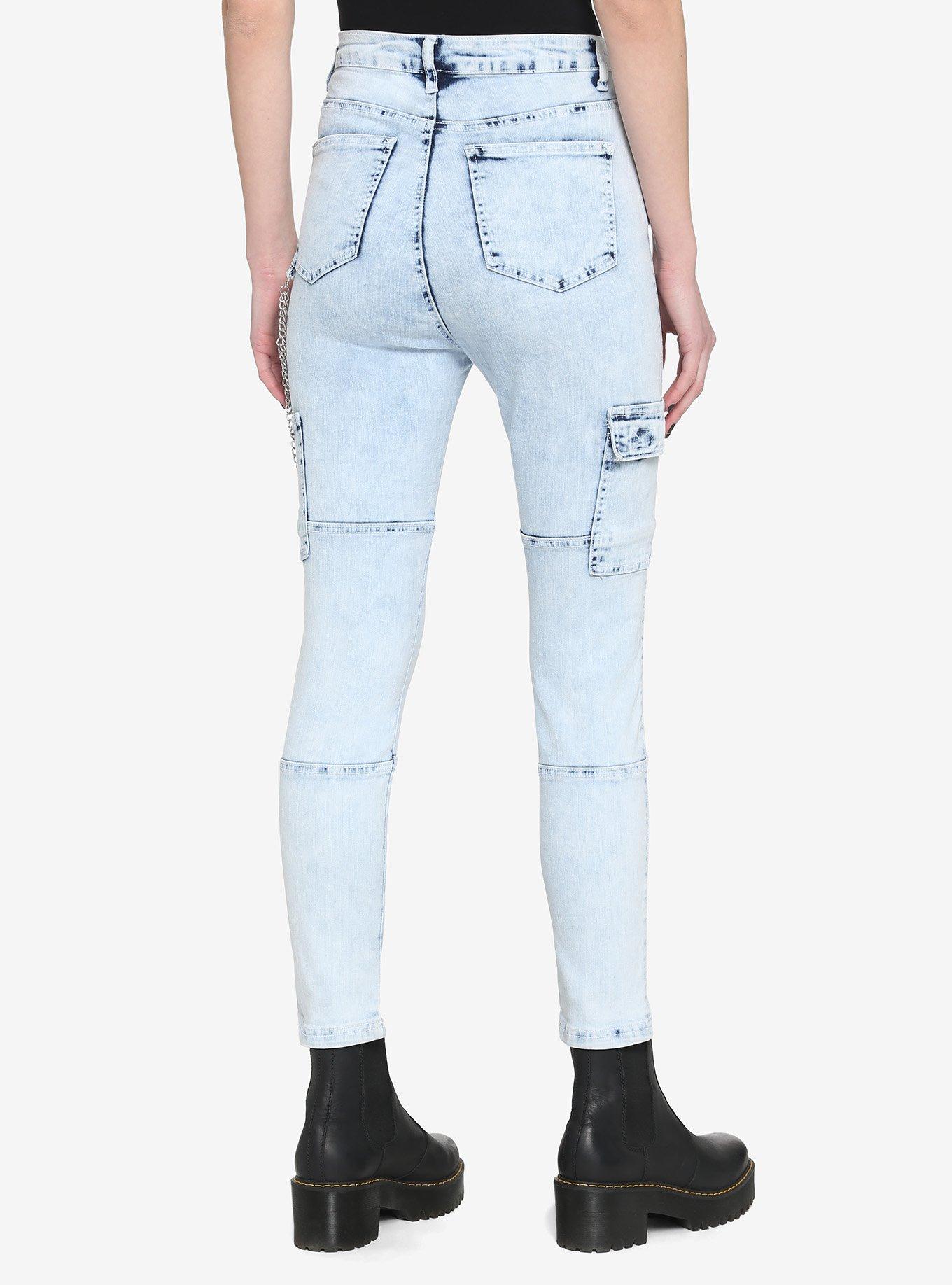 Acid Wash Cargo Skinny Jeans, INDIGO, alternate