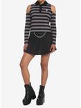 Black & Grey Stripe Cold Shoulder Girls Long-Sleeve Polo Shirt, STRIPES-GREY, alternate