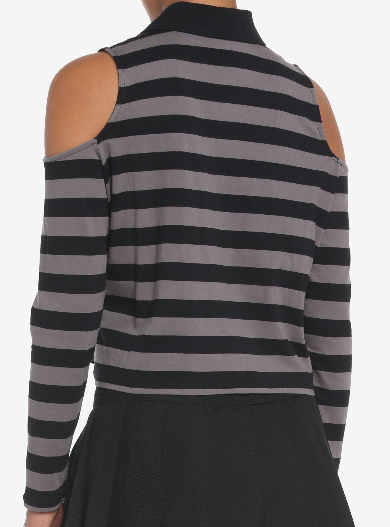 Black & Grey Stripe Cold Shoulder Girls Long-Sleeve Polo Shirt