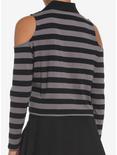 Black & Grey Stripe Cold Shoulder Girls Long-Sleeve Polo Shirt, STRIPES-GREY, alternate