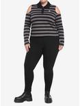 Black & Grey Stripe Cold Shoulder Girls Long-Sleeve Polo Shirt Plus Size, STRIPES-GREY, alternate